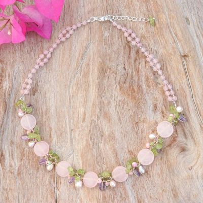 Alternate image for Quartz Peridot Amethyst Cultured Pearl Glass Beaded Necklace Sweet Romance