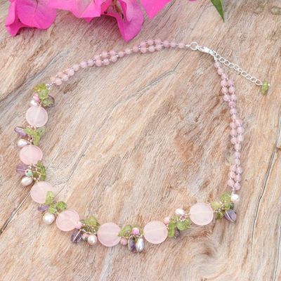 Alternate image for Quartz Peridot Amethyst Cultured Pearl Glass Beaded Necklace Sweet Romance