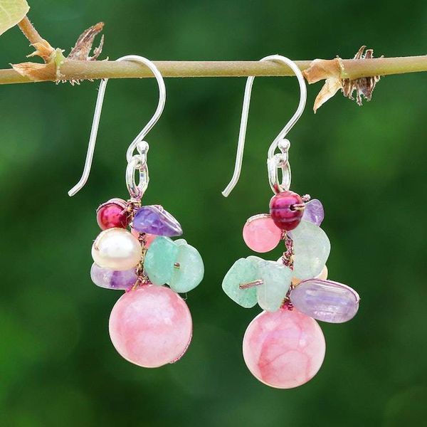 Alternate image for Artisan-Made Pink-Palette Multi-Gemstone Cluster Earrings Thai Belle