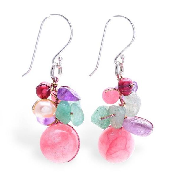 Alternate image for Artisan-Made Pink-Palette Multi-Gemstone Cluster Earrings Thai Belle
