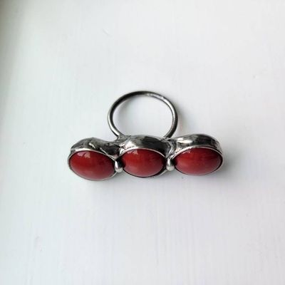 Alternate image for Red Mosaic Ring, Handmade Three Stone Statement Ring, Bold Artisan Jewelry, Handcrafted