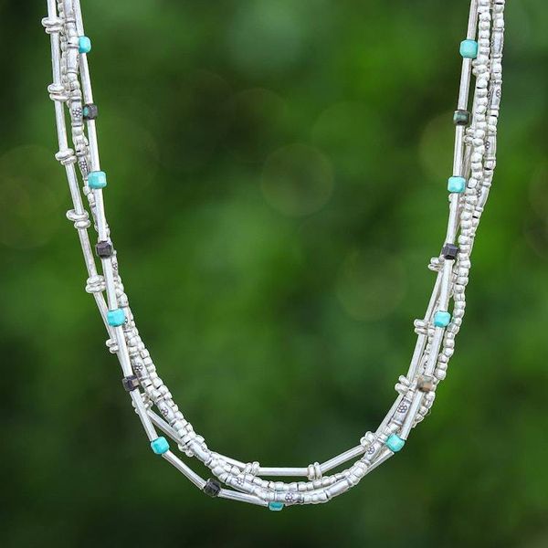 Alternate image for Hill Tribe-Themed Silver and Recon Turquoise Beaded Necklace Happy Hill Tribe