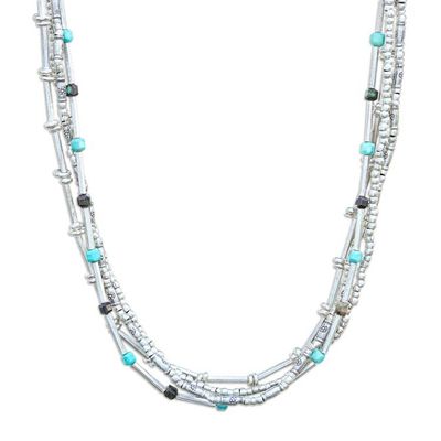 Alternate image for Hill Tribe-Themed Silver and Recon Turquoise Beaded Necklace Happy Hill Tribe