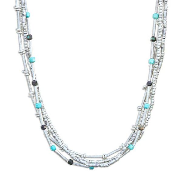 Alternate image for Hill Tribe-Themed Silver and Recon Turquoise Beaded Necklace Happy Hill Tribe