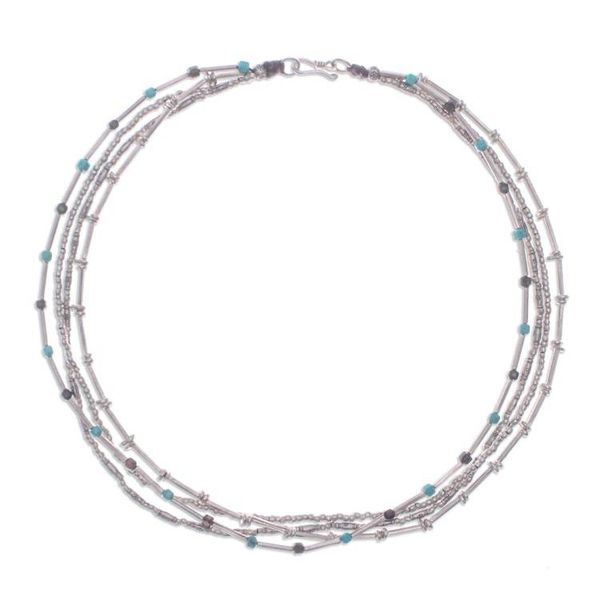Alternate image for Hill Tribe-Themed Silver and Recon Turquoise Beaded Necklace Happy Hill Tribe