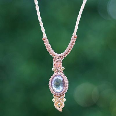Primary image for Amethyst Quartz Macrame Pendant Necklace with Brass Beads Boho Style