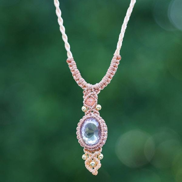 Alternate image for Amethyst Quartz Macrame Pendant Necklace with Brass Beads Boho Style