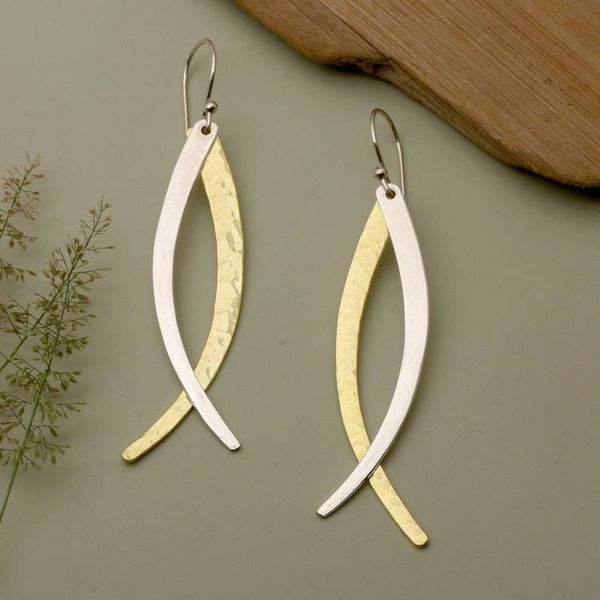Alternate image for Modern Textured Gold-Plated Brass and Silver Dangle Earrings Divergent Roads