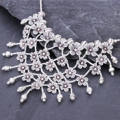 Alternate image for Stunning Floral 950 Silver Collar Necklace Floral Net