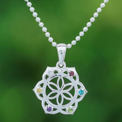Primary image for Multi-Gemstone Silver Chakra Floral Pendant Necklace Rainbow Flora