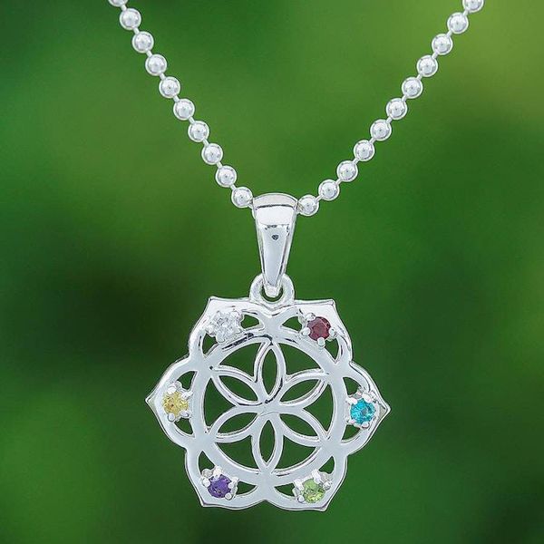 Alternate image for Multi-Gemstone Silver Chakra Floral Pendant Necklace Rainbow Flora