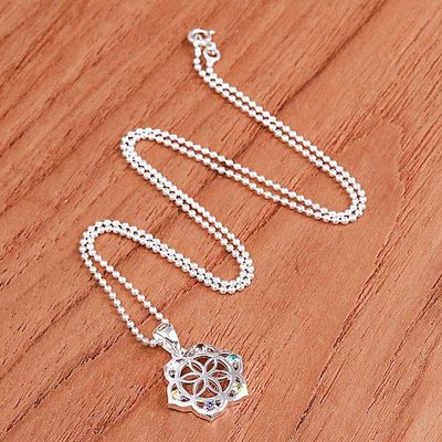 Alternate image for Multi-Gemstone Silver Chakra Floral Pendant Necklace Rainbow Flora