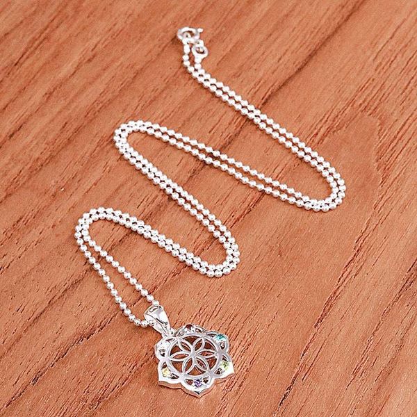 Alternate image for Multi-Gemstone Silver Chakra Floral Pendant Necklace Rainbow Flora