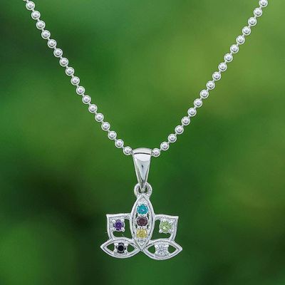 Main image for Multi-Gemstone Sterling Silver Lotus Flower Pendant Necklace Rainbow Lotus Flower