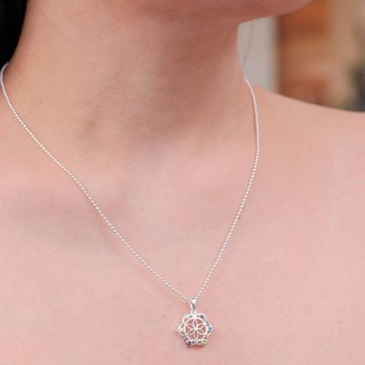Alternate image for Multi-Gemstone Silver Chakra Floral Pendant Necklace Rainbow Flora