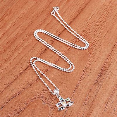 Alternate image for Multi-Gemstone Sterling Silver Lotus Flower Pendant Necklace Rainbow Lotus Flower