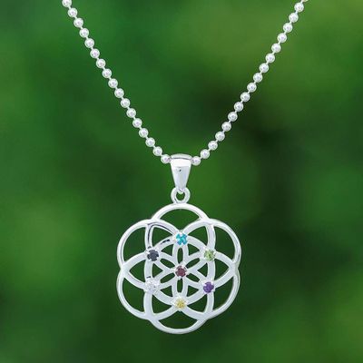 Primary image for Openwork Multi-Gemstone Chakra Floral Pendant Necklace Colorful Bloom