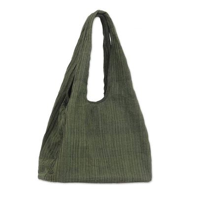 Alternate image for Bohemian-Inspired Moss Green Pintucked Cotton Shoulder Bag Thai Texture in Green