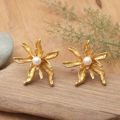 Primary image for 18k Gold-Plated White Cultured Pearl Floral Button Earrings Oceanic Blooms