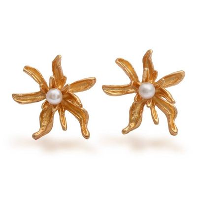 Alternate image for 18k Gold-Plated White Cultured Pearl Floral Button Earrings Oceanic Blooms