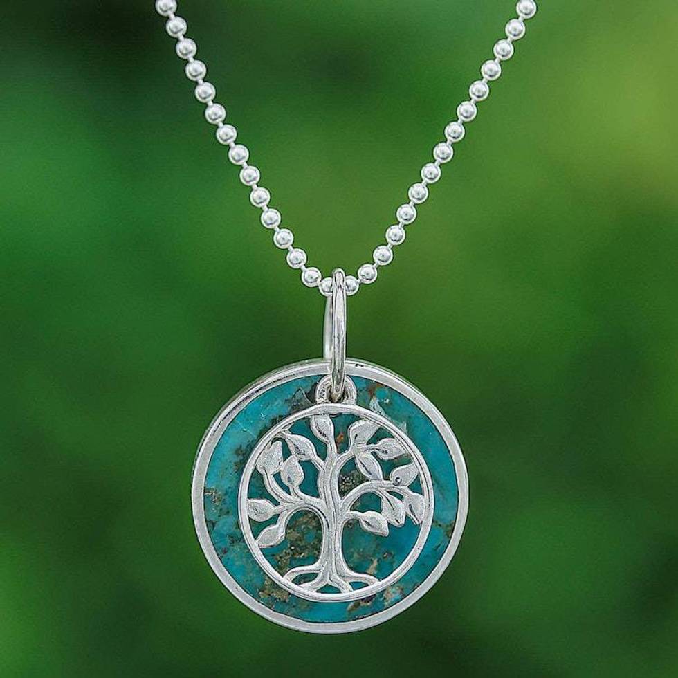 Reconstituted Turquoise Silver Tree of Life Pendant Necklace 'Chic Tree of Life'
