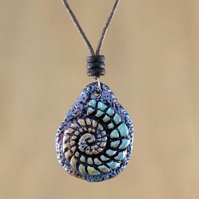 Alternate image for Papier Mache Seashell Necklace in Blue from Thailand Seashell Spiral in Blue