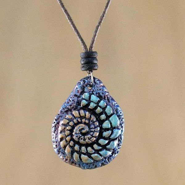 Alternate image for Papier Mache Seashell Necklace in Blue from Thailand Seashell Spiral in Blue