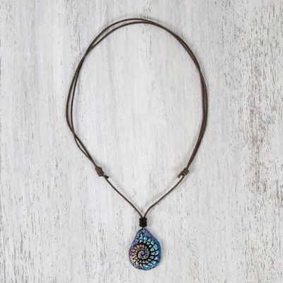 Alternate image for Papier Mache Seashell Necklace in Blue from Thailand Seashell Spiral in Blue