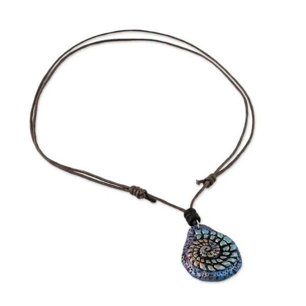 Alternate image for Papier Mache Seashell Necklace in Blue from Thailand Seashell Spiral in Blue