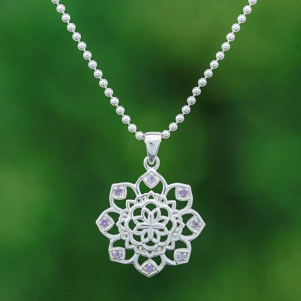 Openwork Amethyst Silver Chakra Floral Pendant Necklace 'Purple Petals'