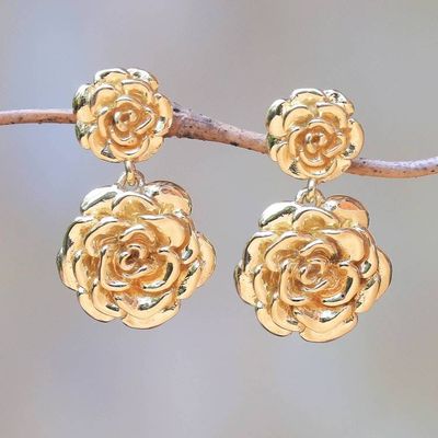 Primary image for 18k Gold Plated Sterling Silver Rose Dangle Earrings Blooming Rose