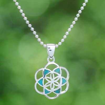 Primary image for Reconstituted Turquoise Floral Geometric Pendant Necklace Aqua Floral Geometry