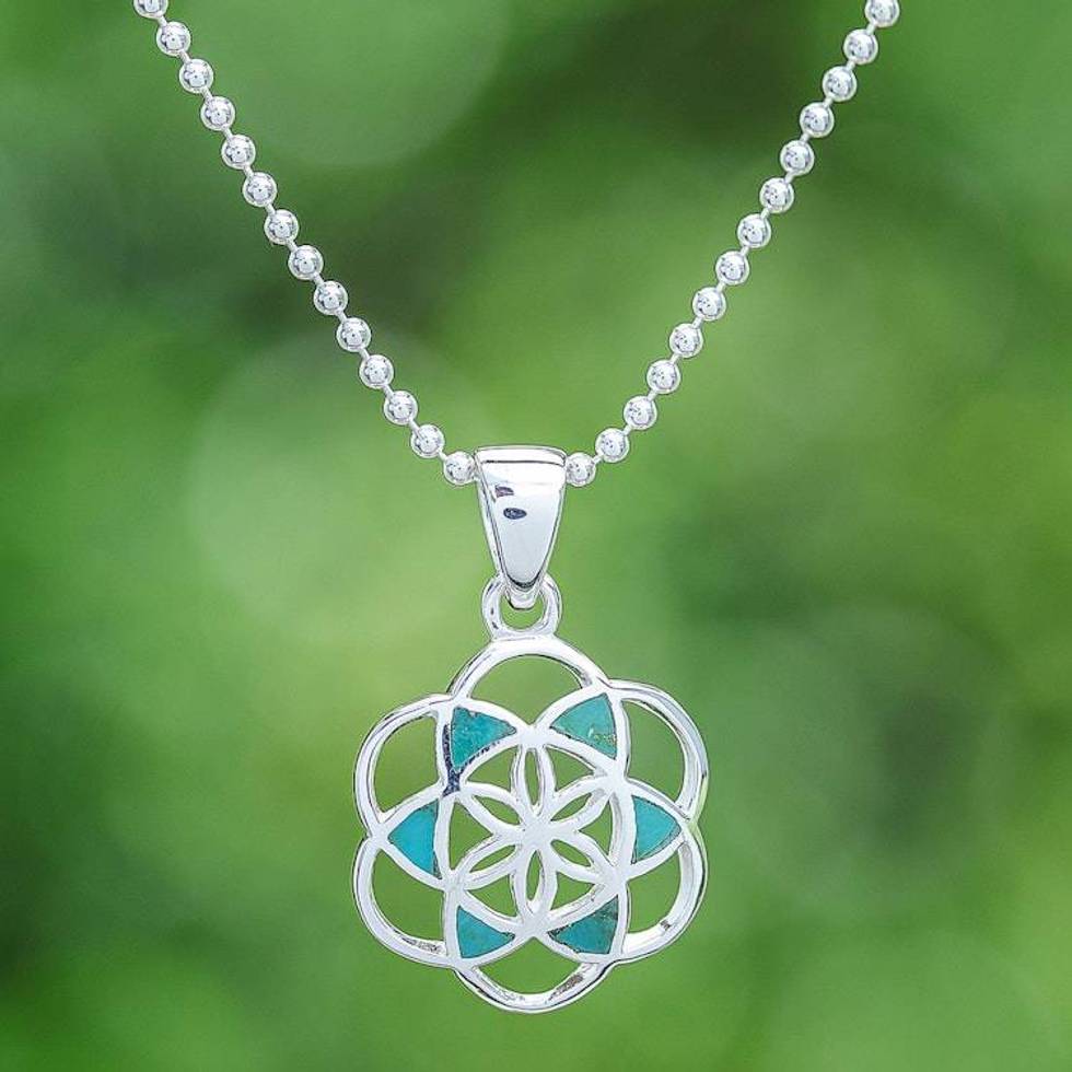 Reconstituted Turquoise Floral Geometric Pendant Necklace 'Aqua Floral Geometry'