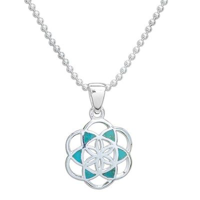 Alternate image for Reconstituted Turquoise Floral Geometric Pendant Necklace Aqua Floral Geometry