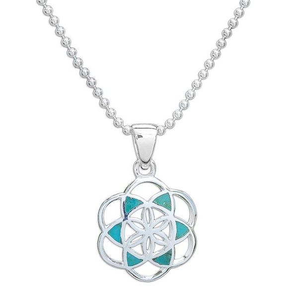 Alternate image for Reconstituted Turquoise Floral Geometric Pendant Necklace Aqua Floral Geometry