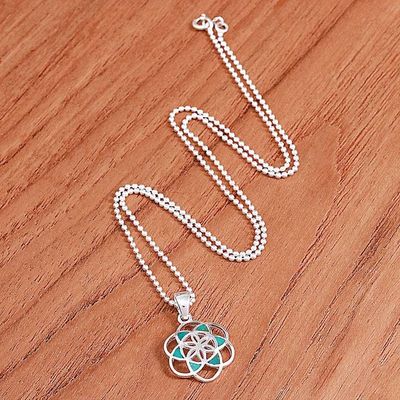 Alternate image for Reconstituted Turquoise Floral Geometric Pendant Necklace Aqua Floral Geometry