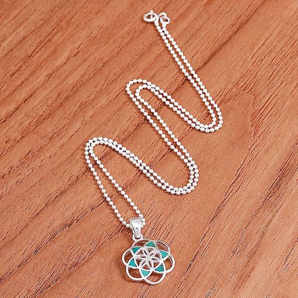 Alternate image for Reconstituted Turquoise Floral Geometric Pendant Necklace Aqua Floral Geometry