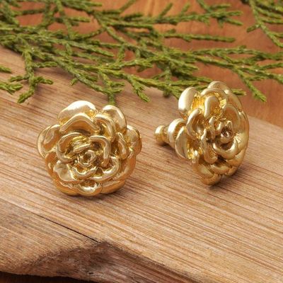 Alternate image for 18k Gold Plated Sterling Silver Rose Stud Earrings .5 inch Blooming Rose