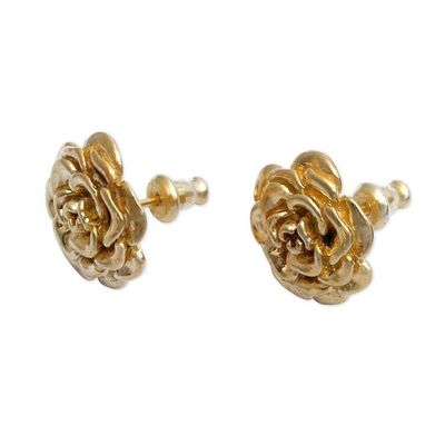 Alternate image for 18k Gold Plated Sterling Silver Rose Stud Earrings .5 inch Blooming Rose