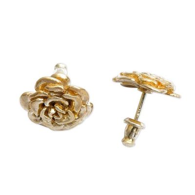 Alternate image for 18k Gold Plated Sterling Silver Rose Stud Earrings .5 inch Blooming Rose
