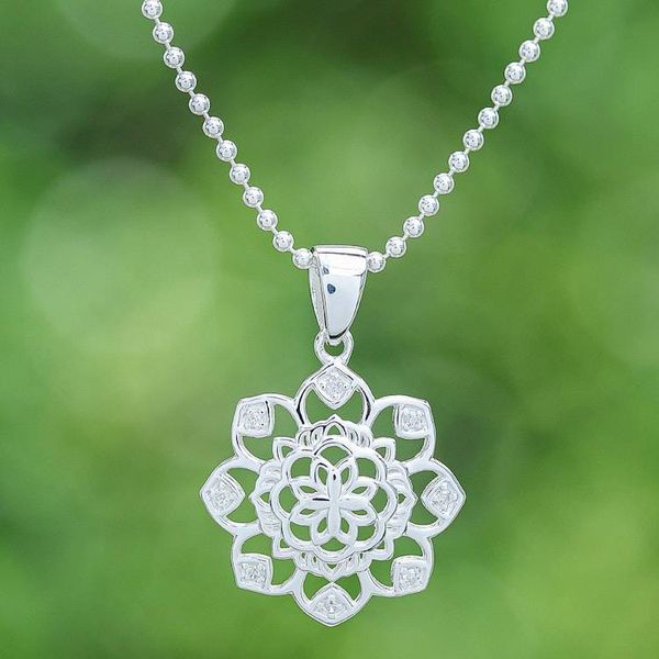 Alternate image for Openwork Cubic Zirconia Chakra Floral Pendant Necklace Shimmering Petals