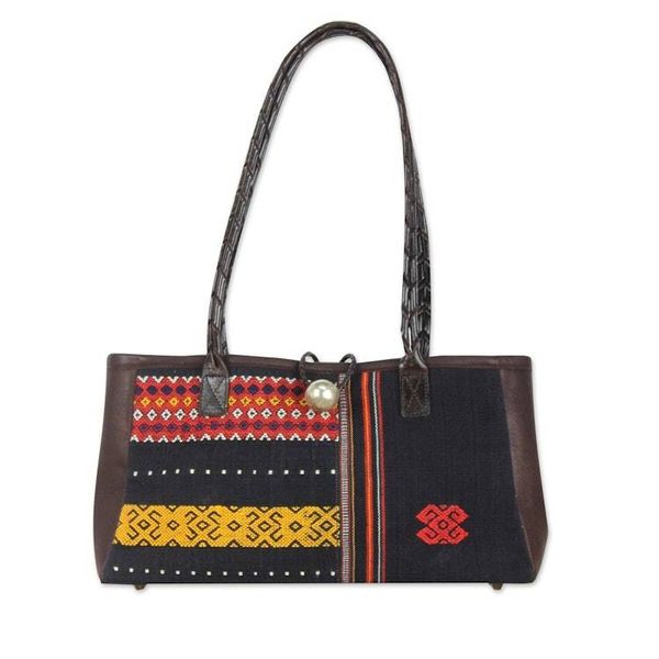 Alternate image for Leather Accent Handwoven Cotton Shoulder Bag Naga Tribal Black