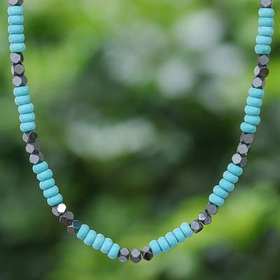 Alternate image for Hematite and Recon Turquoise Beaded Necklace from Thailand Spaced Energies