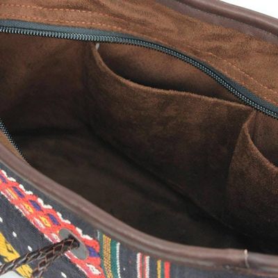 Alternate image for Leather Accent Handwoven Cotton Shoulder Bag Naga Tribal Black