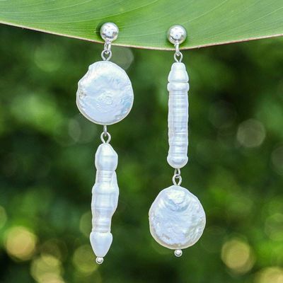 Alternate image for Natural White Cultured Pearl Dangle Earrings from Thailand Pearly Planets