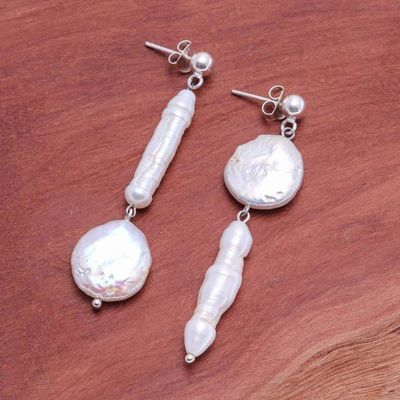 Alternate image for Natural White Cultured Pearl Dangle Earrings from Thailand Pearly Planets