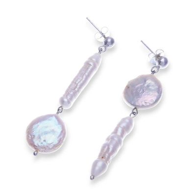 Alternate image for Natural White Cultured Pearl Dangle Earrings from Thailand Pearly Planets