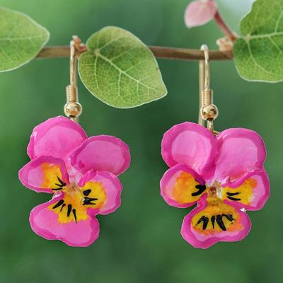 Primary image for Pink and Yellow Natural Pansy Flower Hook Dangle Earrings Tropical Blossom