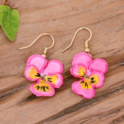 Alternate image for Pink and Yellow Natural Pansy Flower Hook Dangle Earrings Tropical Blossom
