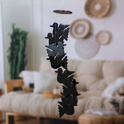 Primary image for Whimsical Hand-Carved Natural Black Onyx Dove-Themed Mobile Feathers to Midnight